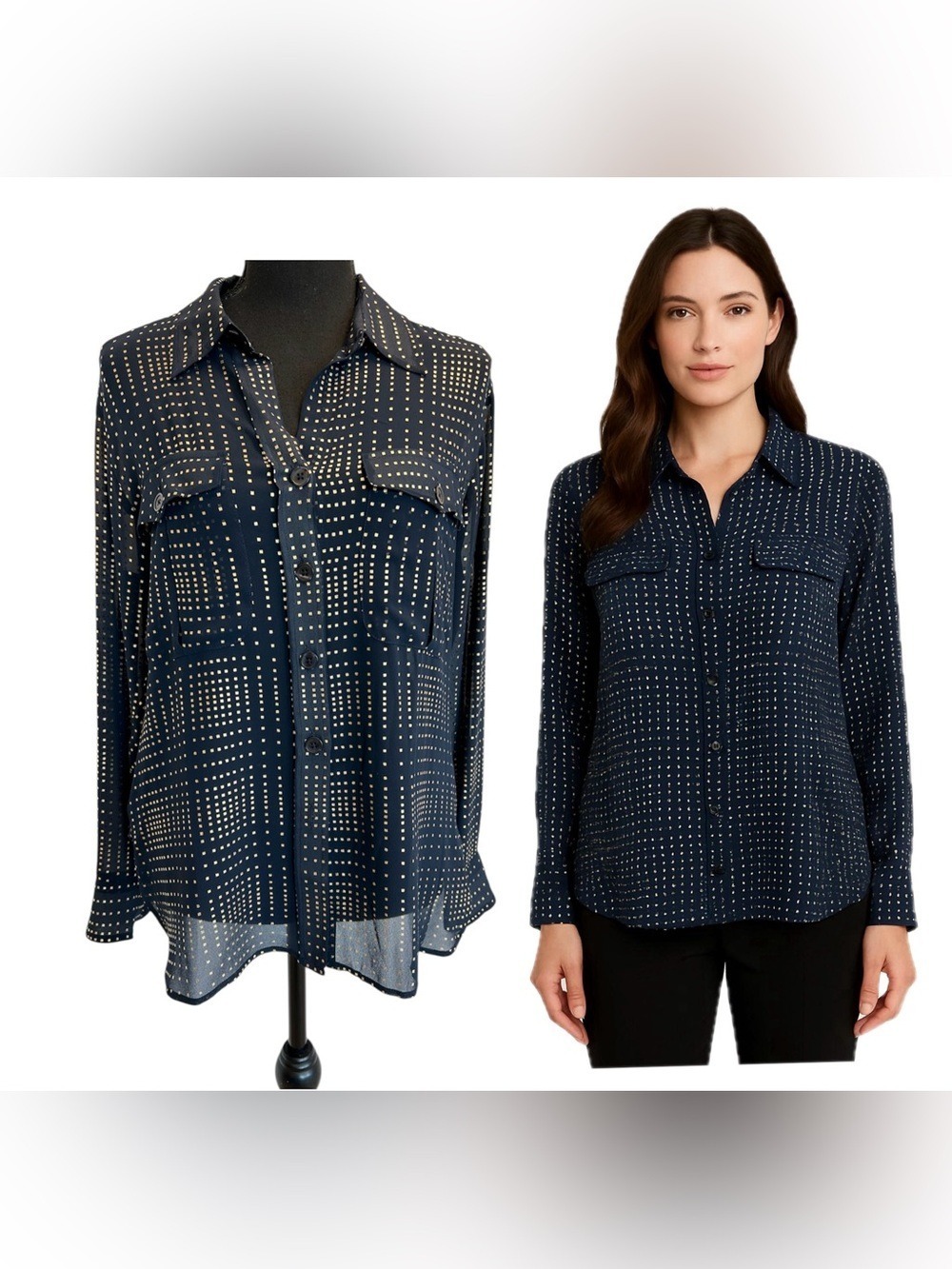 Navy Dot-Print Button-Front Blouse